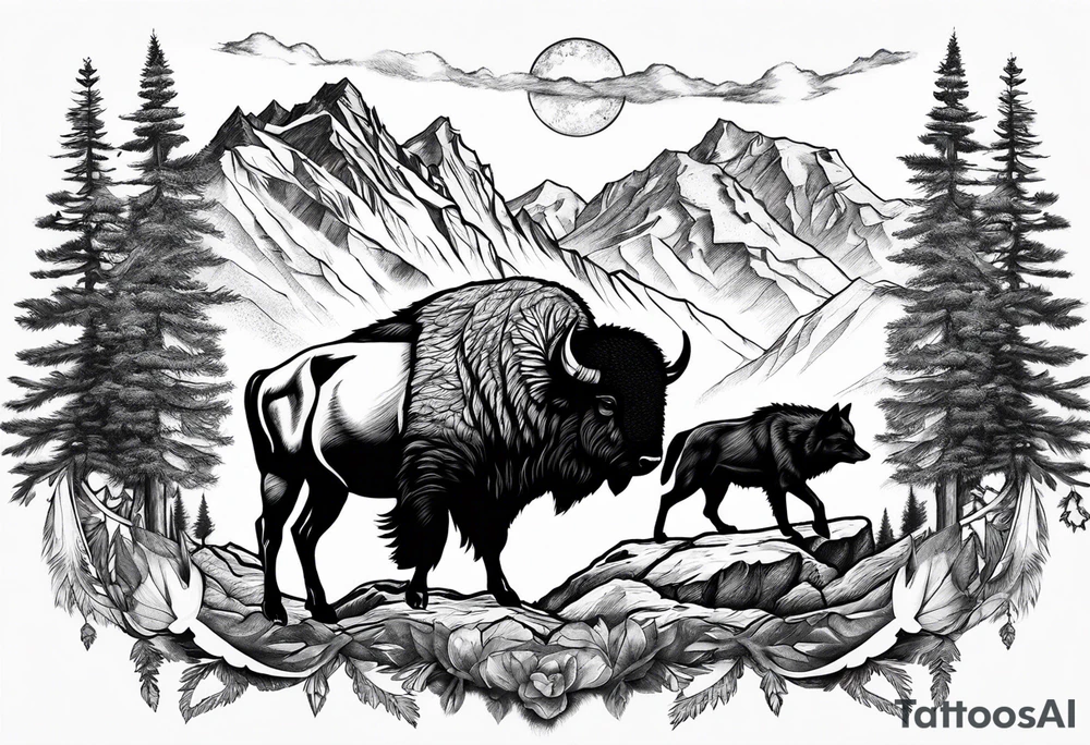 mountains cowboy bison wolf tattoo idea