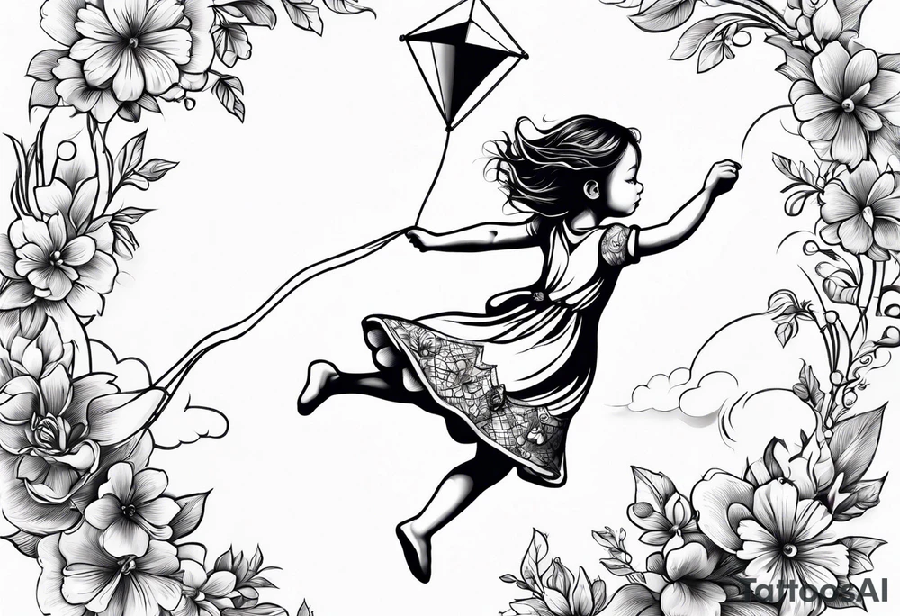 back image of a little girl flying a kite tattoo idea