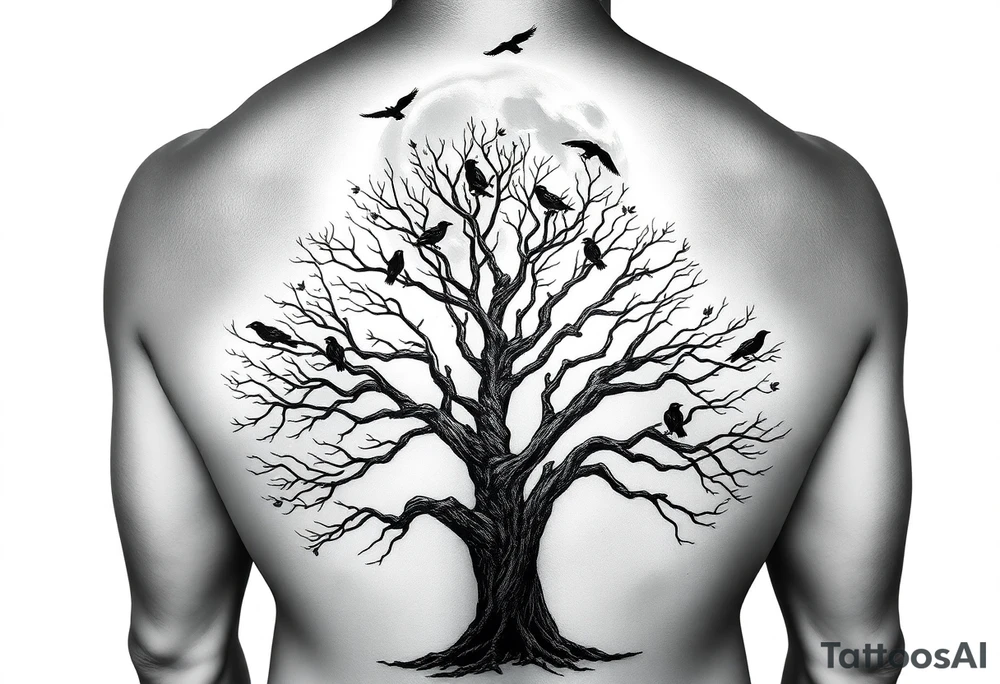 A very realistic, large tree of life that is bare with lots of crows flying  above. a moon that is as large as the entire picture. Large Viking hatches that cover my entire shoulder blades behind the tree and moon  This is a backpiece. tattoo idea