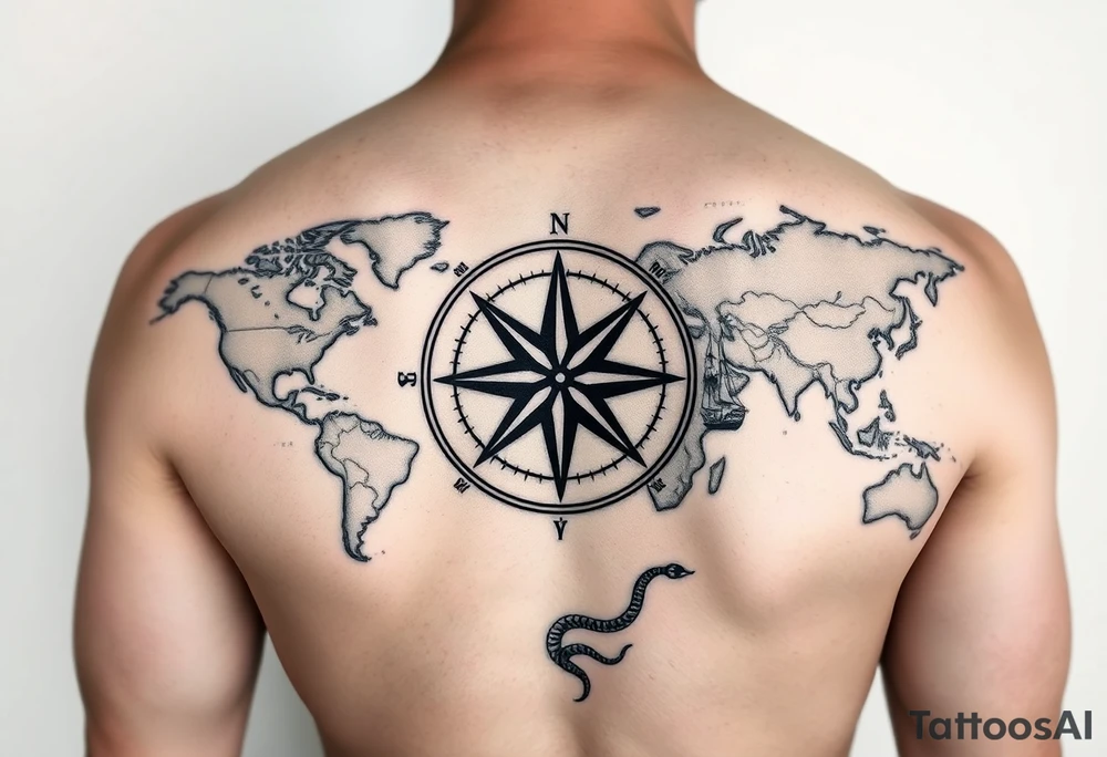 antique compass rose overlaid on weathered world map with sailing ships and a snake tattoo idea