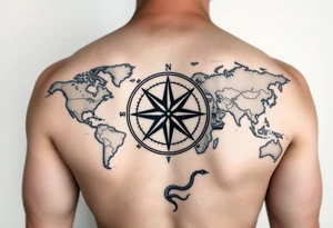 antique compass rose overlaid on weathered world map with sailing ships and a snake tattoo idea