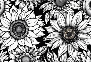 Arm sleeve Foral sunflower and roman numeral tattoo idea