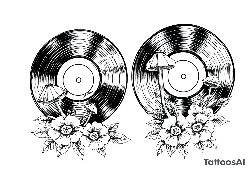 two vinyl records with mushrooms and flowers tattoo idea