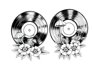 two vinyl records with mushrooms and flowers tattoo idea