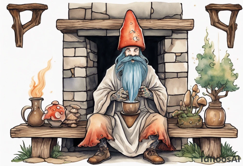 a myconid with a long beard wearing a mushroom hat and medieval tunic sitting on a bench by a fireplace drinking from a wood cup, smiling tattoo idea