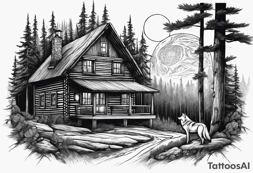 Woods with a cabin and a wolf tattoo idea