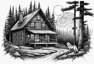 Woods with a cabin and a wolf tattoo idea