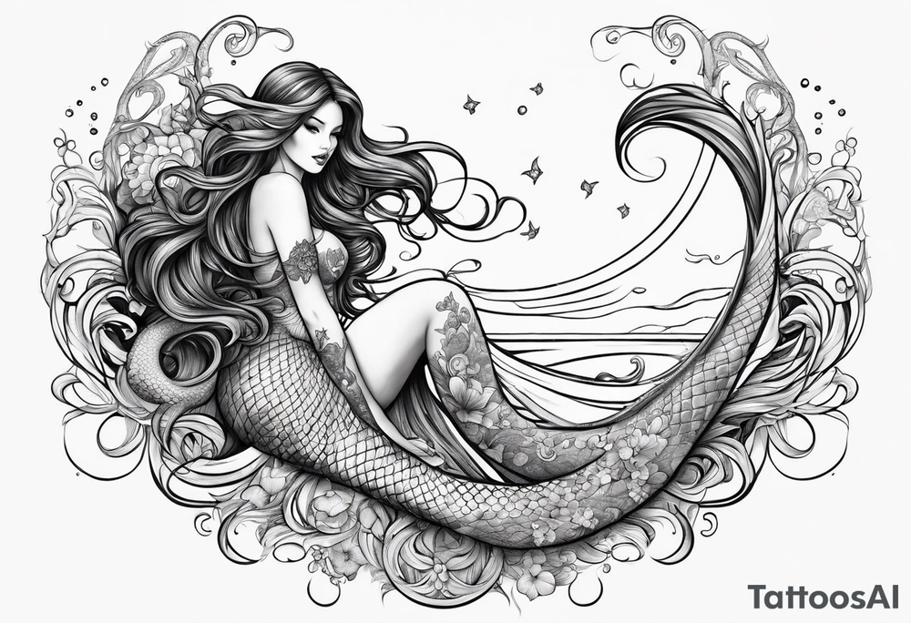 sexy full bodied mermaid with long 
flowing tail and hair, tattoo sleeve tattoo idea