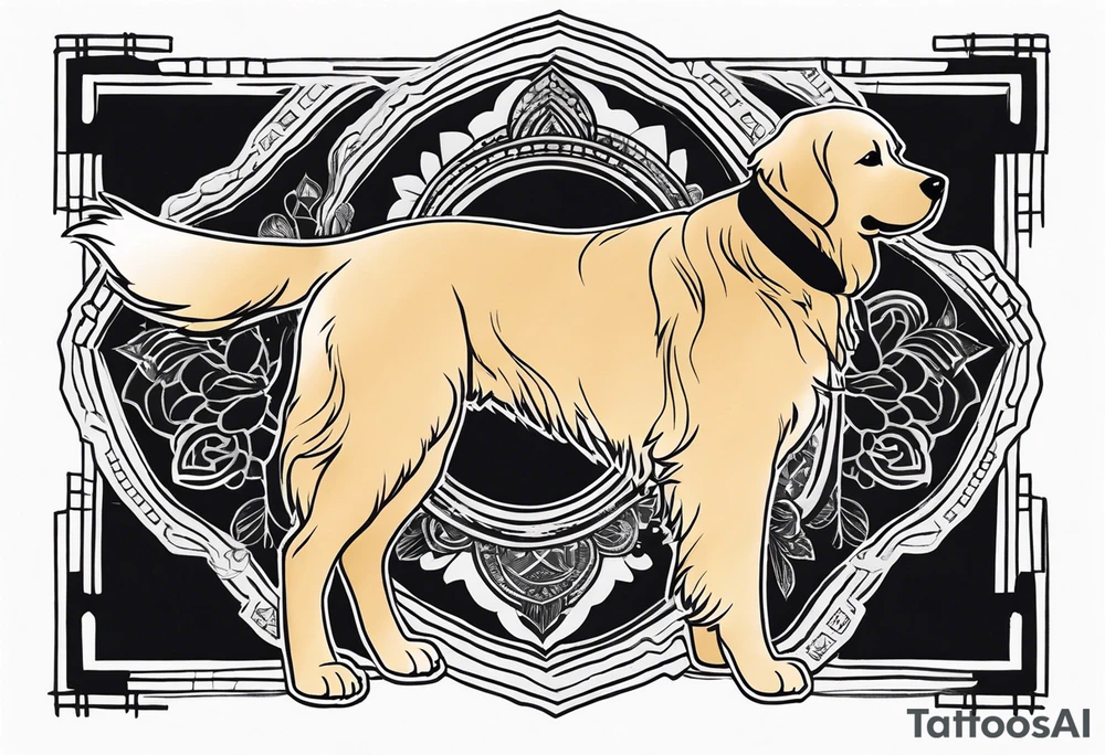 a golden retriever in a kimono full body view wearing a black belt tattoo idea