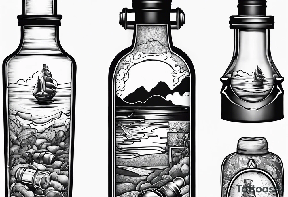 A message in a bottle. Rolled up map inside the bottle tattoo idea