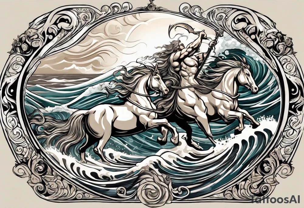 Poseidon (Left Upper Arm):

Poseidon riding a chariot pulled by sea horses, with waves crashing around them.
Poseidon wielding his trident with a powerful stance, commanding the sea.
Dolphins and fish swimming through the waves, along with swirling patterns to represent the movement of water. tattoo idea