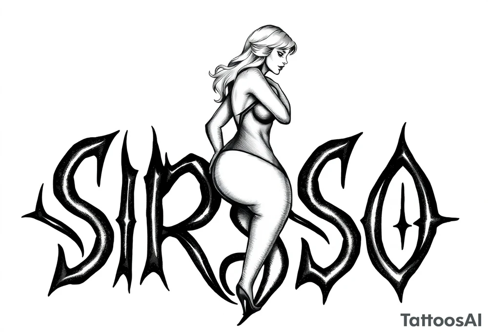 Abstract Tribal font saying “SIRISO” with all letters close together and the S in SIRISO connected to the O and a silloute of a sexy woman on top of the words tattoo idea