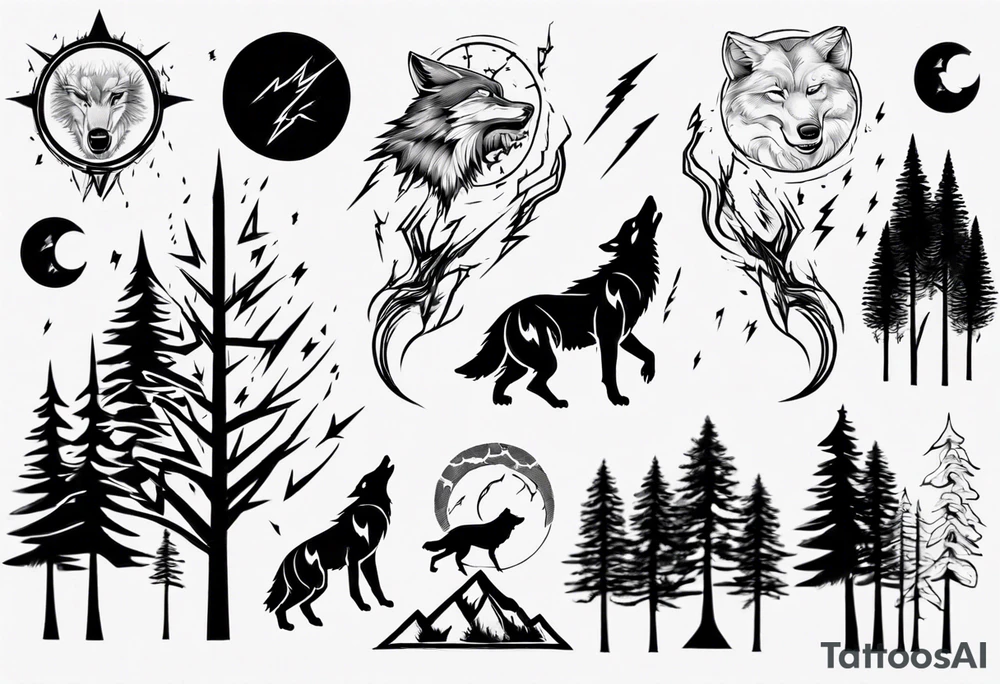 lightning over forest with wolf howling tattoo idea