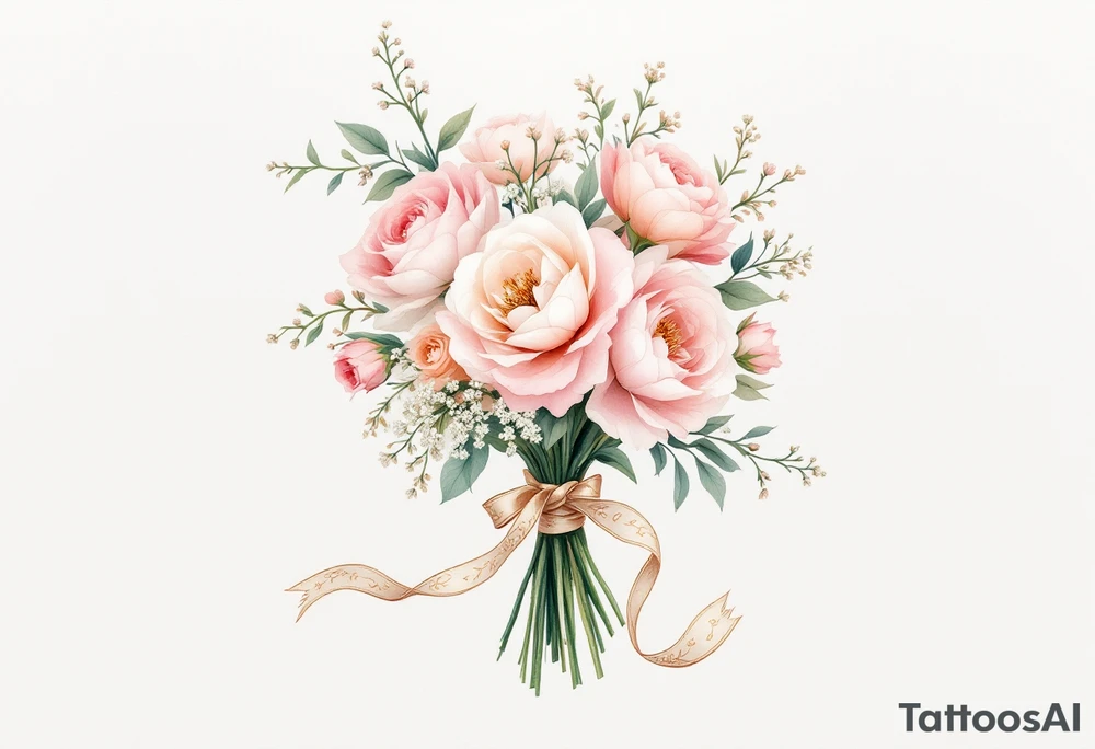 A delicate, hand-tied bouquet of roses, peonies, and baby’s breath, with soft pink, ivory, and pastel peach petals. The stems are wrapped in a silk ribbon with golden embroidery, flowing gently in the wind. Subtle watercolor shading creates a dreamy, romantic feel. tattoo idea