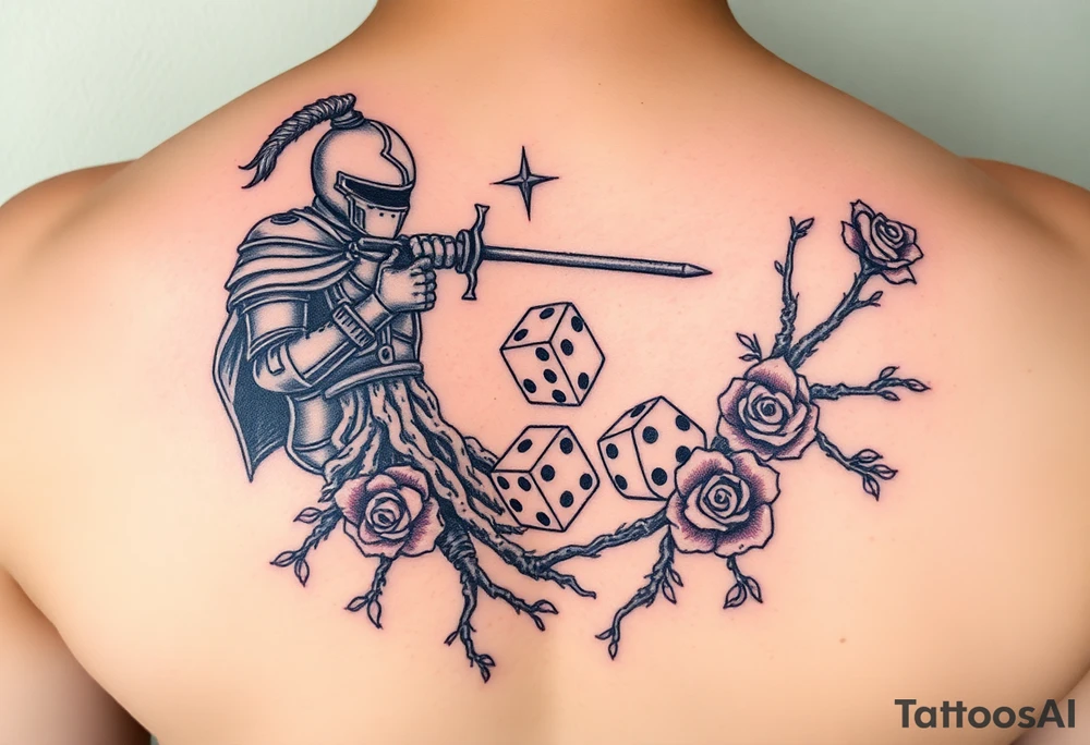 knight and squid intertwined with tree roots and roses rolling dice tattoo idea