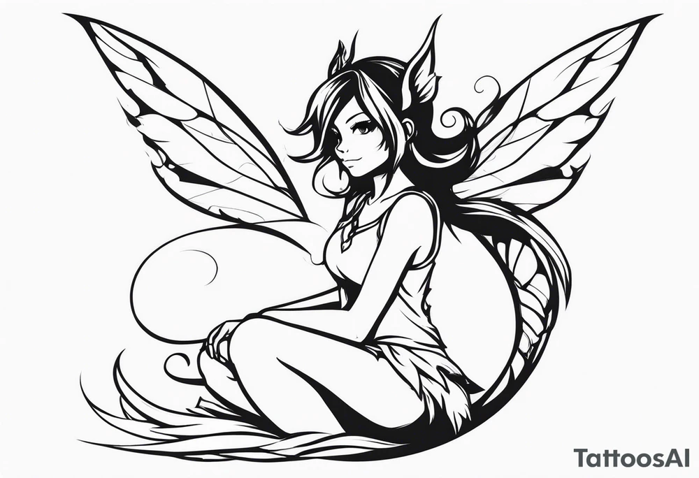 No background and no color sketch of a fairy with a tail inspired by the guild symbol in the anime show called Fairy Tail in a fetal position leaning in and forward while crawled in tattoo idea