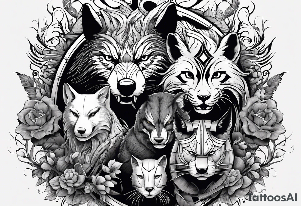 a super hero team which is combination of animals.
One is Badger/Wolverine One is Bull One is Wolf One is Axolotl One is Canary One is Lizard One is Cat tattoo idea