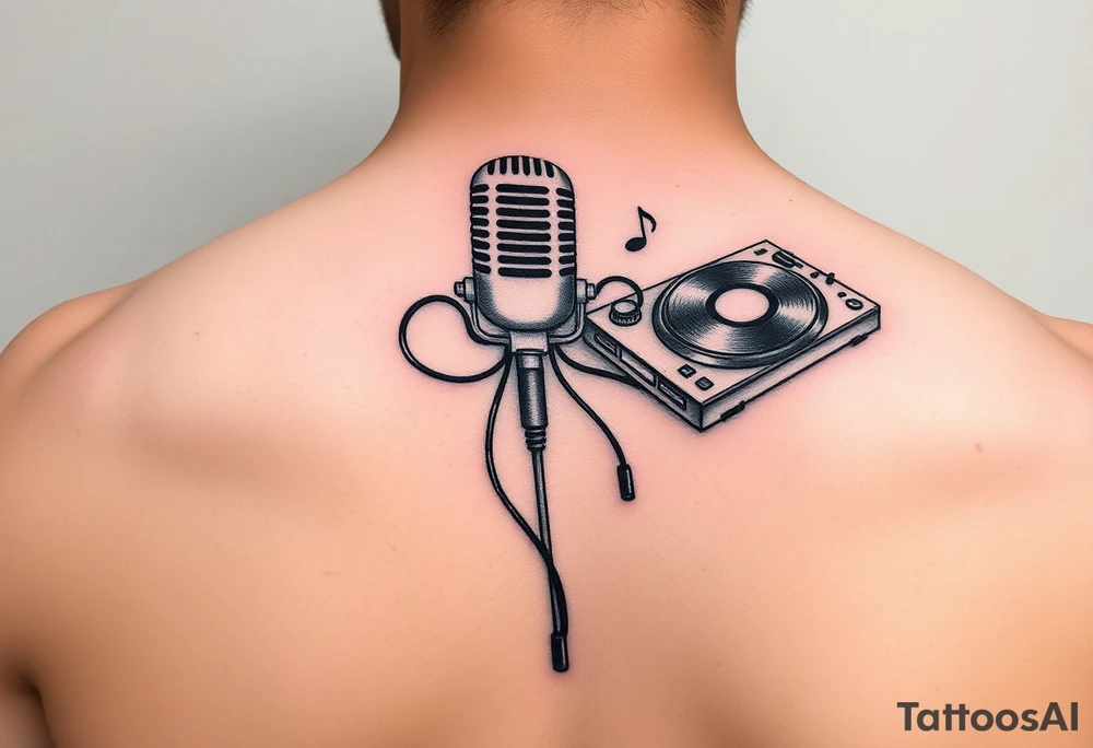 Microphone turntables and music notes tattoo idea