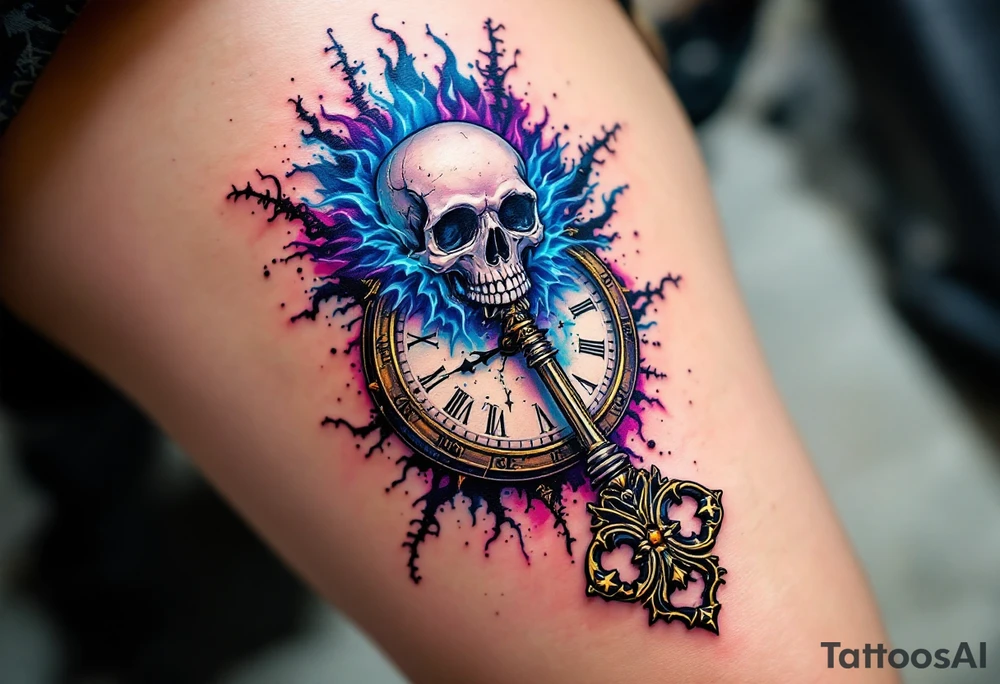 A skeleton key inserted into an antique clock, unlocking a burst of blue and purple tattoo idea