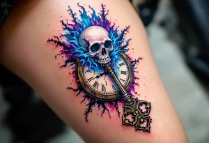 A skeleton key inserted into an antique clock, unlocking a burst of blue and purple tattoo idea