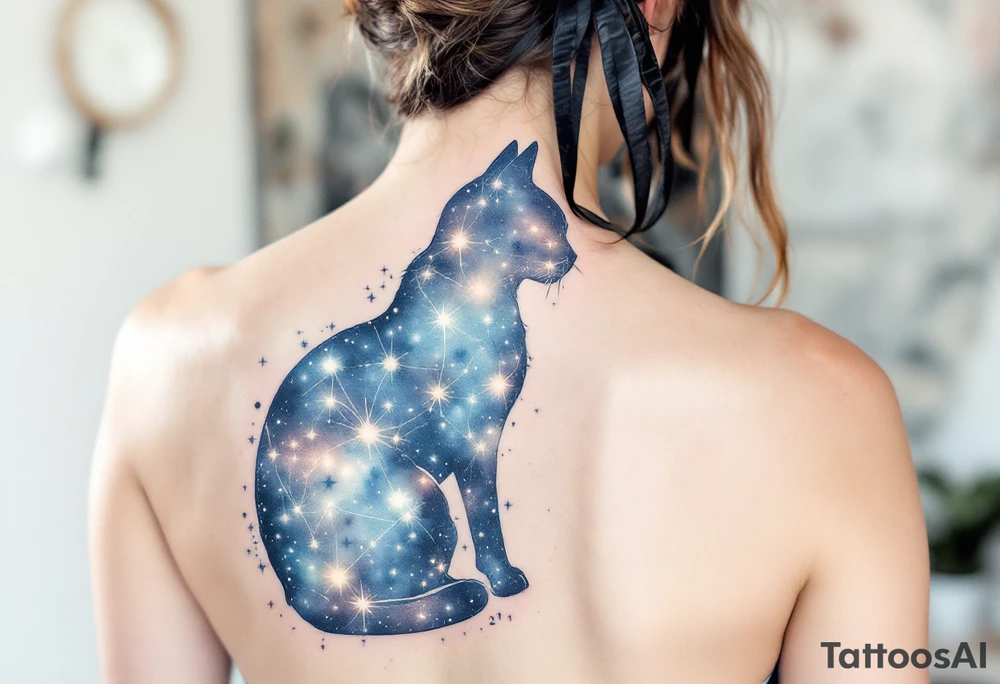 Constellation Cat Silhouette – A navy-blue cat filled with constellation lines and white star dots, resembling a cosmic map. tattoo idea