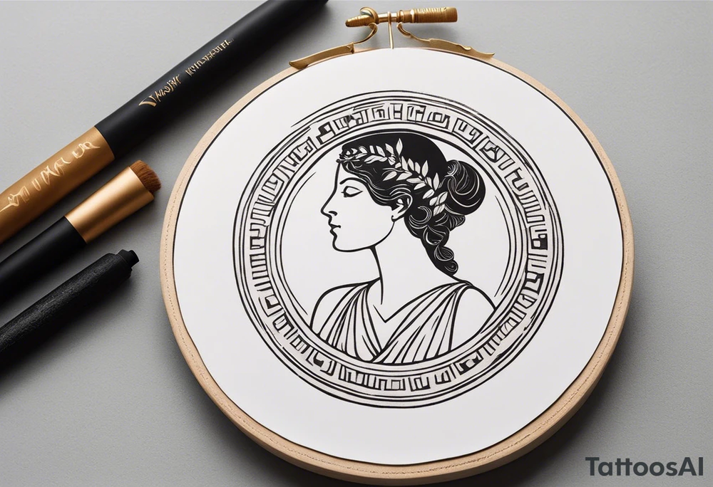 "Craft a minimalist round tattoo inspired by ancient Greek art, featuring Clio, the muse of history and lyre-playing. Design a circular composition with Clio depicted in the center, holding a scroll. Surround her with simple yet symbolic elements such as laurel wreaths, scrolls, or geometric patterns reminiscent of ancient Greek pottery. Ensure the design maintains a minimalist style, with clean lines and limited detail, while capturing the essence of Clio's affinity for knowledge and the arts within the circular frame." tattoo idea