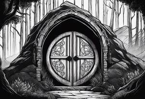 Lord of the rings and Harry Potter movie mashup. Small and simple. Not too much artistic detail. Hobbit door hole, wands, elvish writing, deathly hallows tattoo idea