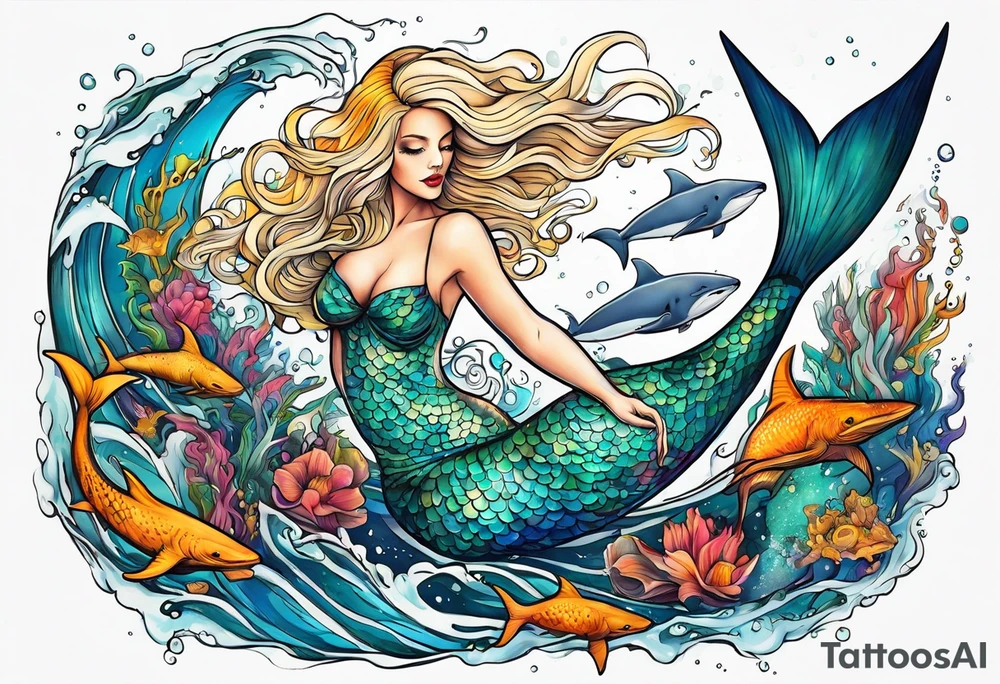 Blond mermaid swimming with sharks and whales tattoo idea