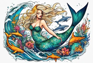 Blond mermaid swimming with sharks and whales tattoo idea
