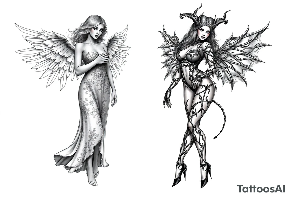 🔥 Dual Tattoo Concept: Angel & Demon – Sexy and Symbolic

Left Side – Angel (Engelin):
A sensual, barefoot angelic woman with soft, flowing hair and serene, open eyes gazes downward with calm strength. Her wings are large, feathered, and gracefully arched. She wears an elegant gown made of delicate, nature-like textures, blending floral and leaf motifs across her bodice and arms. The long dress flows like wind-swept silk, giving a sense of movement and grace. Her posture exudes calm power and divine femininity. She is barefoot, standing lightly as if floating—symbolizing purity, serenity, and grounded spirituality.

Right Side – Demoness (Teufelin):
A striking, seductive demoness with high heels and a confident stance radiates dark power and fierce sensuality. Her body is wrapped in an organic, flame- and thorn-like armor that clings to her form. Her skin appears almost sculpted with dark ornamental patterns. She has sharp horns, long hair, bat-like wings with torn edges, and a long, sinuous tail curling around her leg. Her expression is bold and alluring, eyes closed as if relishing her power. She stands tall in spiked heels, embodying chaos, desire, and strength.

⸻

🌓 Tattoo Style Suggestions:
	•	High-detail black-and-grey realism
	•	Placement: back piece, thighs, or dual shoulder blades
	•	Themes: Good vs Evil, Light vs Dark, Feminine Duality, Temptation vs Grace tattoo idea