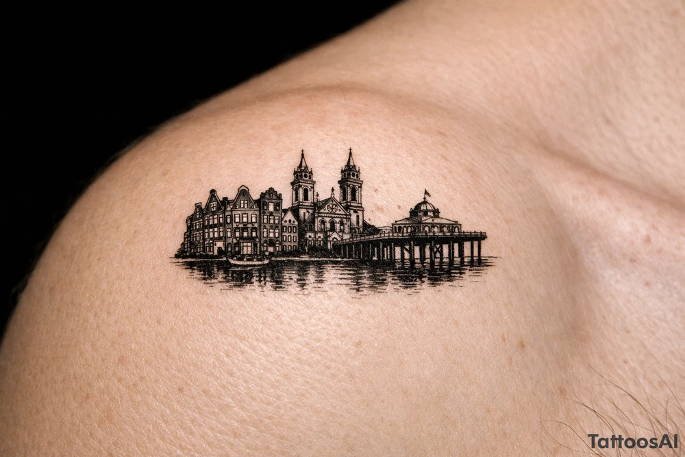 Cityscape silhouette of Amsterdam canal houses and Braga cathedral, with New Brighton pier. tattoo idea