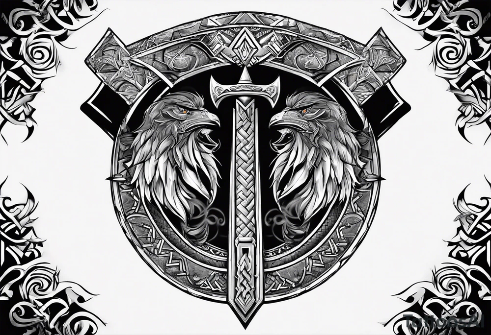 Valhalla sword shield axe Valknut tattoo idea