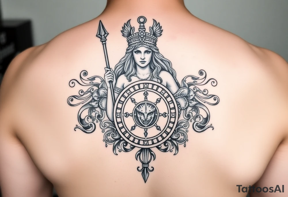 The goddess Athena with her Medusa shield and spear surrounded by Greek flourished designs tattoo idea