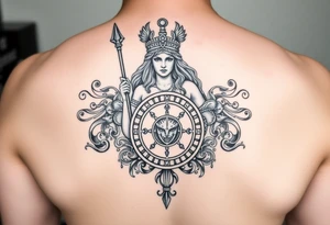 The goddess Athena with her Medusa shield and spear surrounded by Greek flourished designs tattoo idea