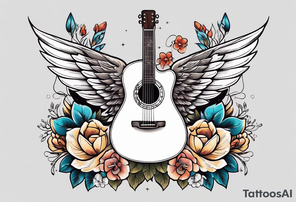 guitar with wings and flowers simple design traditional vintage tattoo idea