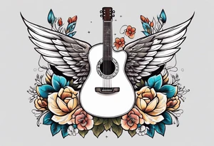guitar with wings and flowers simple design traditional vintage tattoo idea