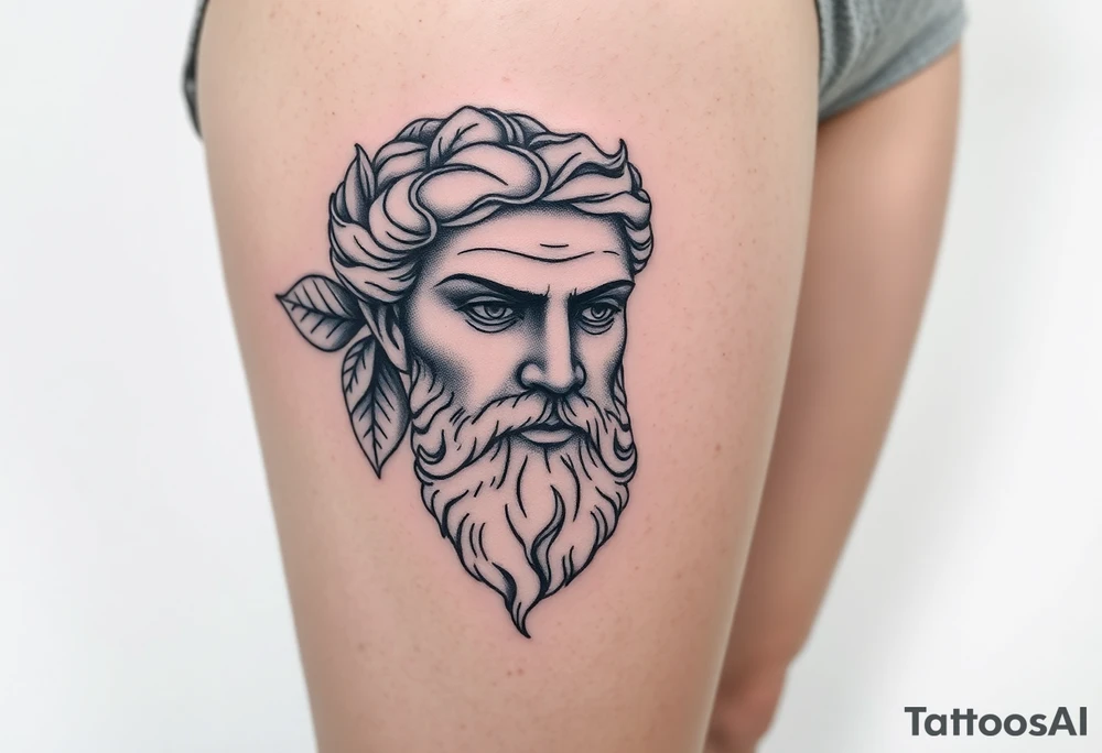 Platos Greek god only his face with a greek leaf tattoo idea