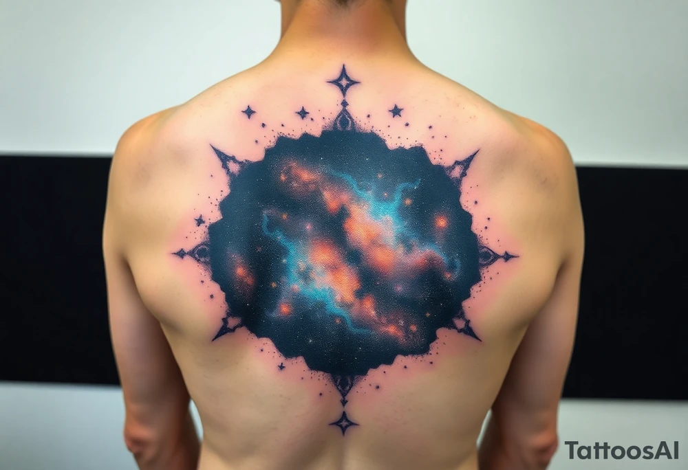 Beautiful and epic 3d milky way that appears to be what is beneath the skin. Make it drape over the shoulder and move to the middle back. use negative spaces to create stars and dust. Keep it symmetrical tattoo idea