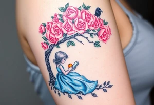 A tree of roses, a little girl wearing a blue dress sitting under it while reading. She has an orange.. A small raven watching her.


. tattoo idea