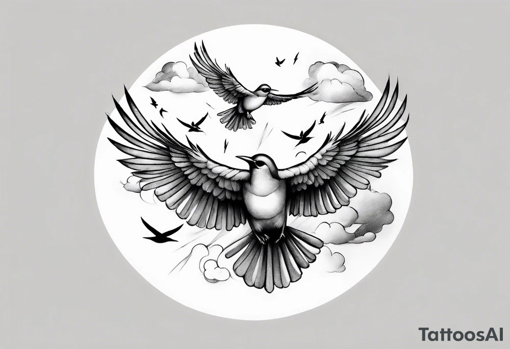 shoulder tattoo with light rays with birds flying free among the clouds, round shape tattoo idea