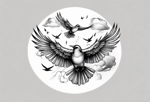 shoulder tattoo with light rays with birds flying free among the clouds, round shape tattoo idea