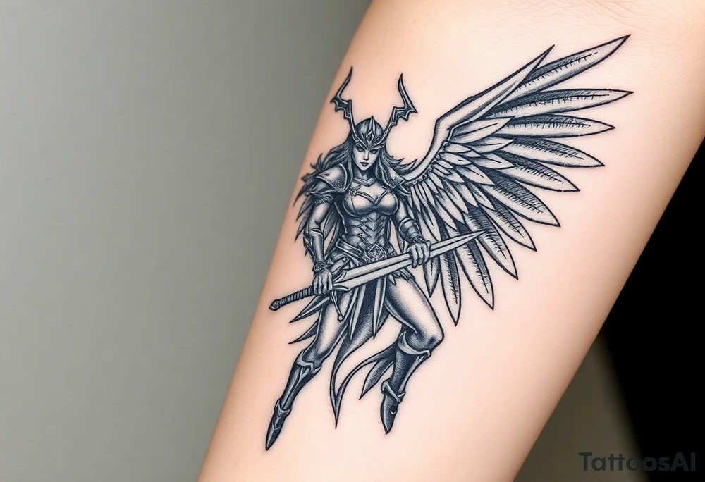 A fierce looking Valkyrie with very big dark wings. The whole body with legs should be visible. 
She's wielding a intricatelly decorated sword and a sturdy

She has heavy armor and a helmet with 
Wings tattoo idea