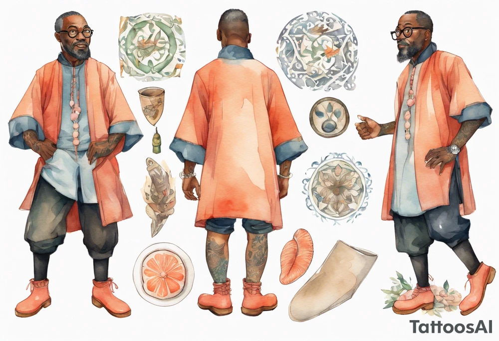 a middle-aged medieval black man wearing round glasses, wearing tunic, wearing salmon boots tattoo idea