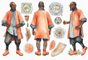 a middle-aged medieval black man wearing round glasses, wearing tunic, wearing salmon boots tattoo idea
