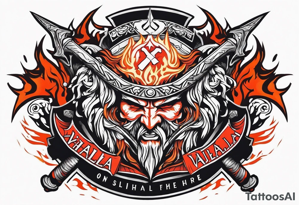 valhalla on fire sword shield axe warrior tattoo idea
