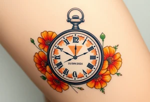 Beautiful pocket watch reading 2:37 with  10/09/2024 in Roman numerals and name Jackson Calloway in the face of watch surrounded by orange marigolds tattoo idea