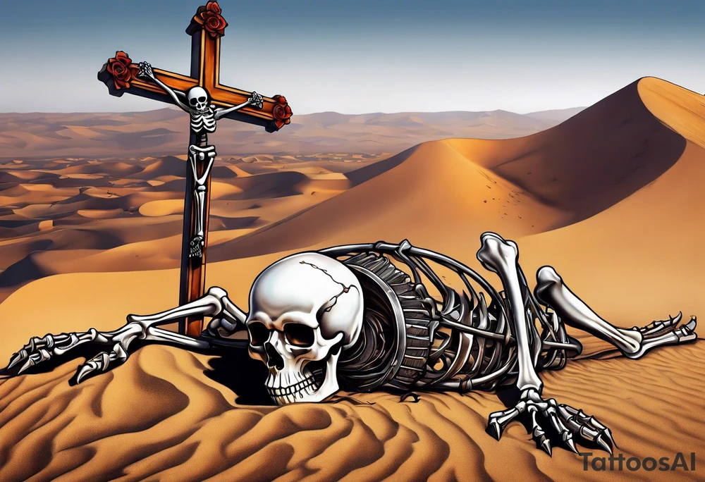 skeleton crawling towards a cross in a desert tattoo idea