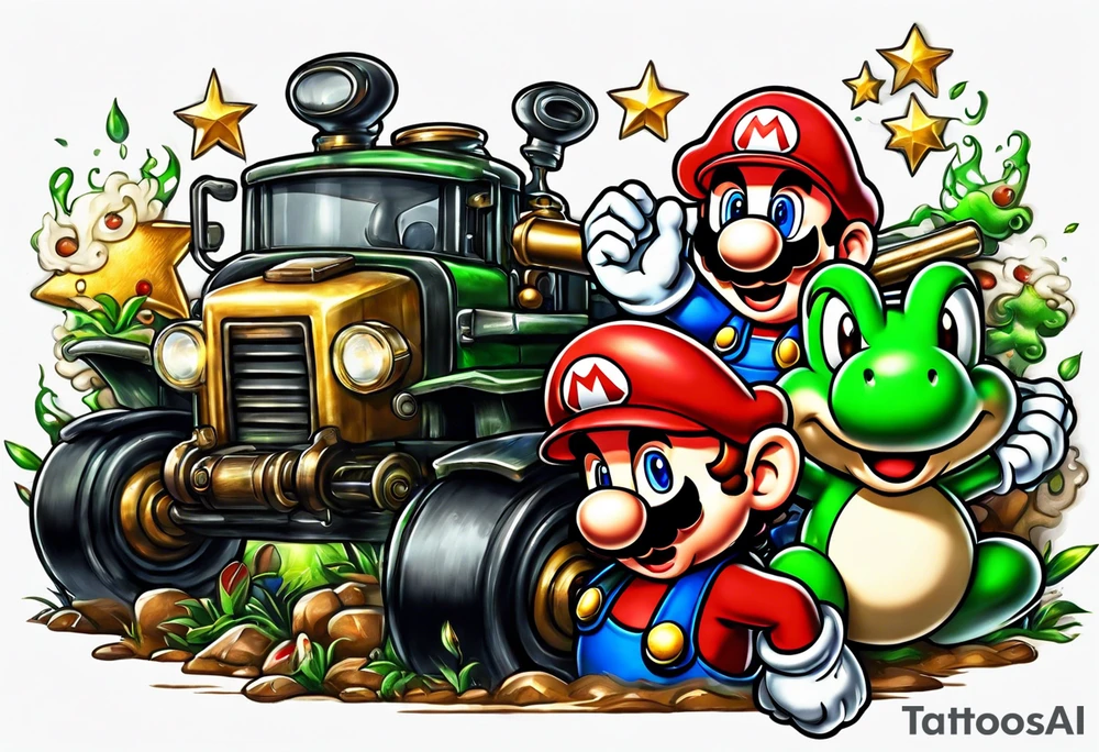 Mario and Luigi big muscles with toadstool and cannons and bombs stars machine guns tattoo idea