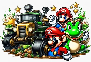 Mario and Luigi big muscles with toadstool and cannons and bombs stars machine guns tattoo idea