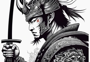 samurai with a hannya mask that covers half of his face who is in a slightly tilted posture holding a katana in an attack position tattoo idea